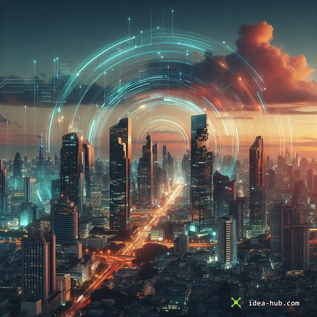 Bangkok skyline with digital data streams